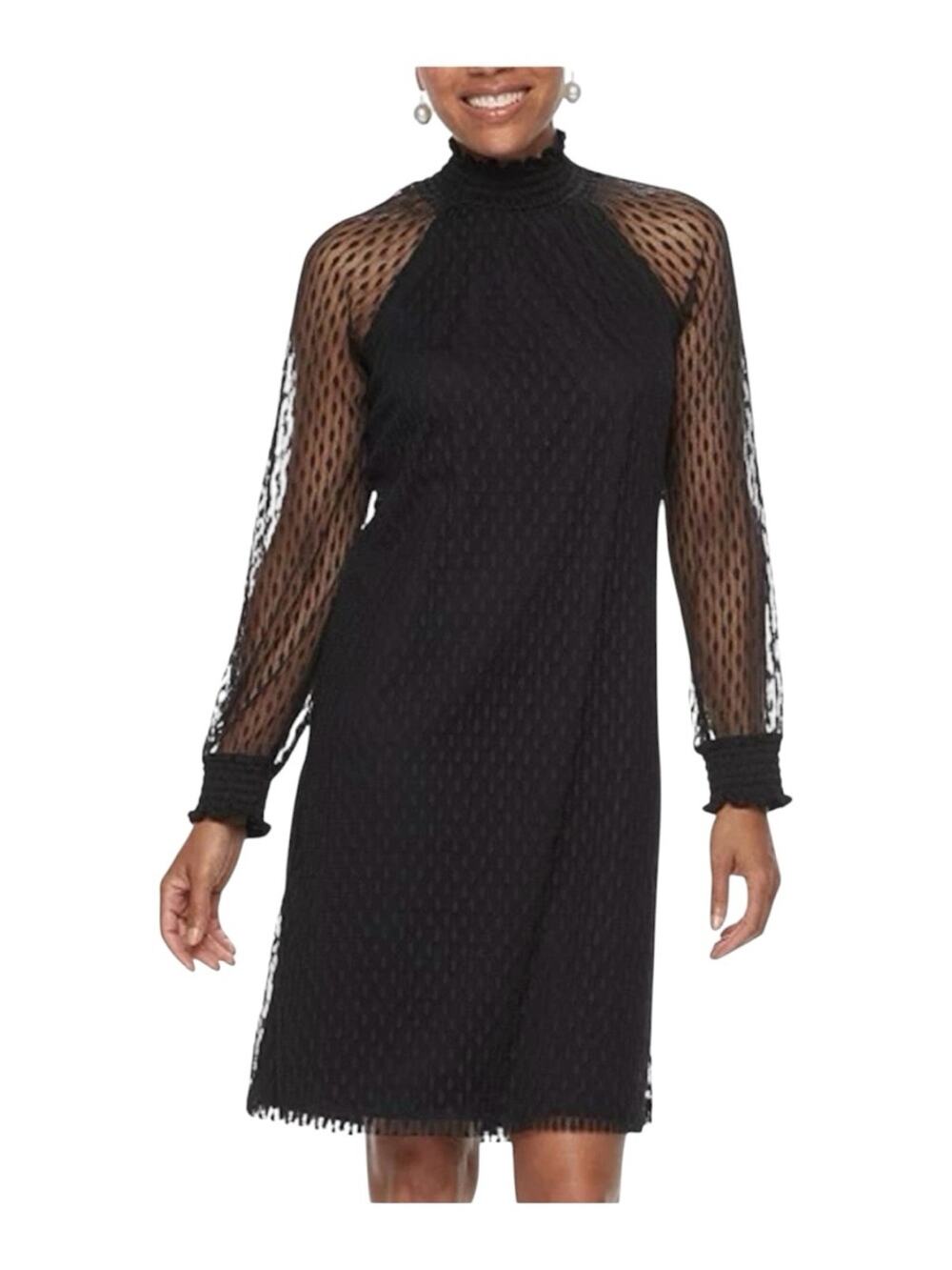 Nina Leonard Dress Size M Shift Black Long Sleeve Mesh Detail Party Going Out